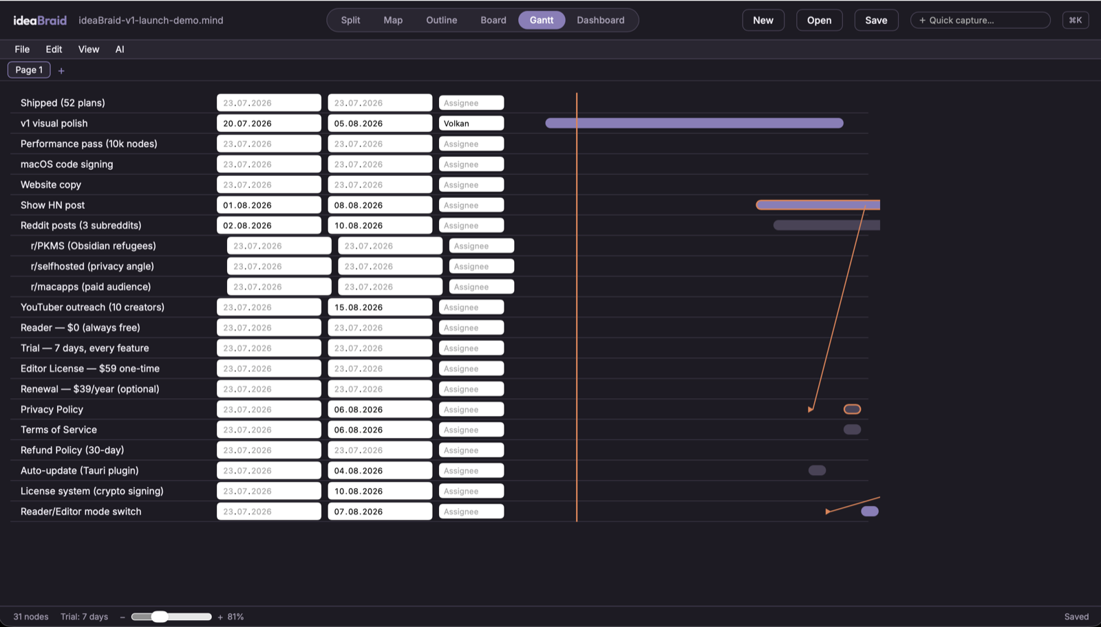 ideaBraid Gantt view
